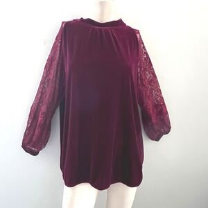 John Mark Womens Velvet Top XL Lace Sleeve Blouse Wine Elegant Romantic Timeless